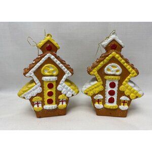 Set Of 2 Gingerbread House Christmas Ornaments With Glitter Yellow Roof Accents